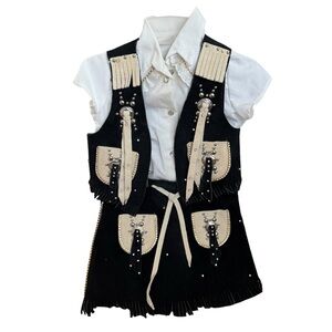 Vtg black cream suede leather Western girls vest short set fringe  dance small